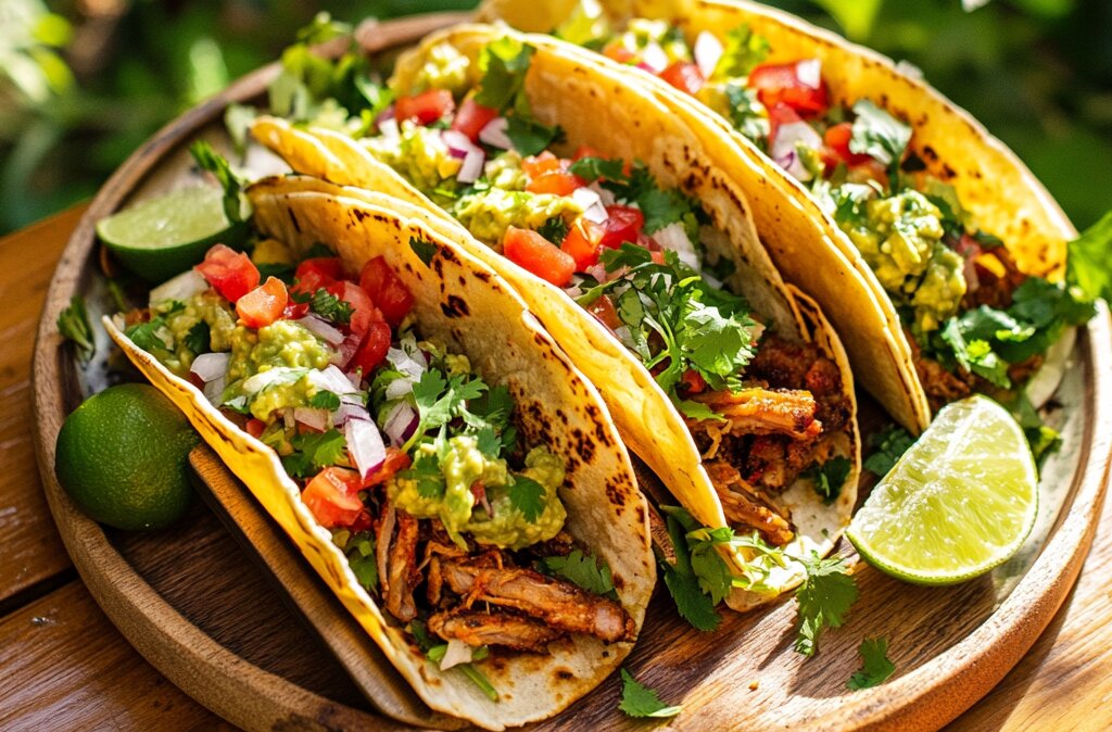 Finished tacos served outdoors with fresh ingredients and garnishes – guide to tacos.