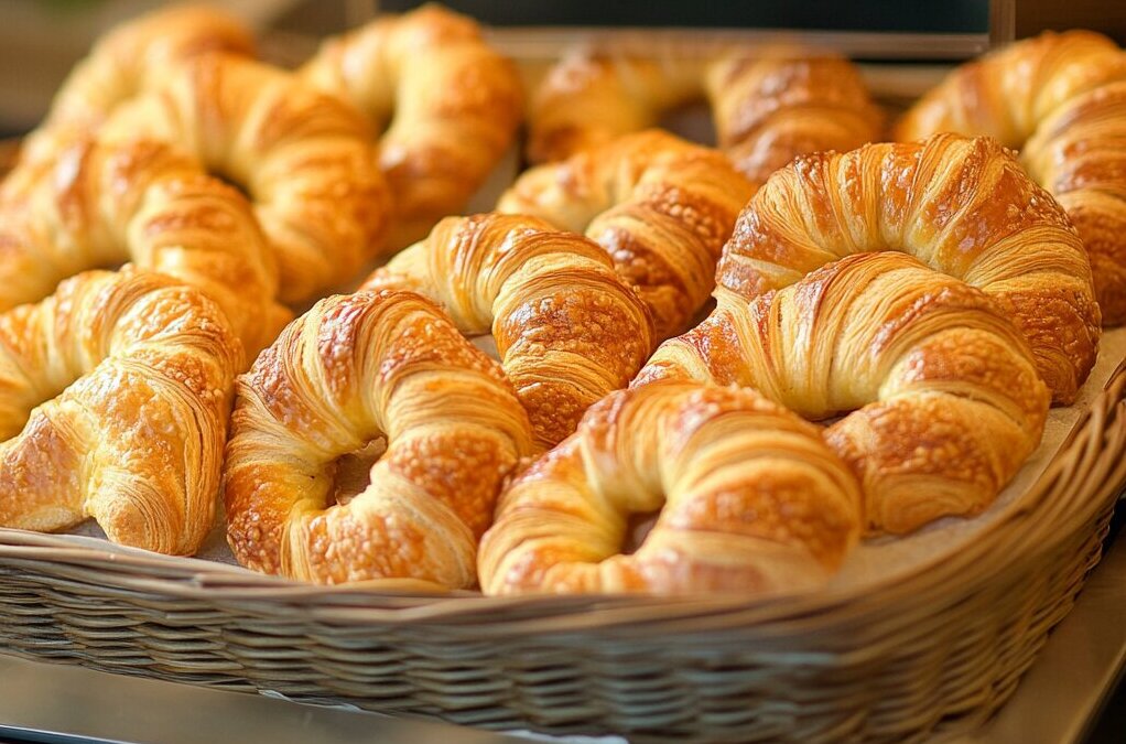 "Freshly baked Gipfeli on a tray with golden layers and flaky texture, showcasing the authentic Gipfeli recipe."