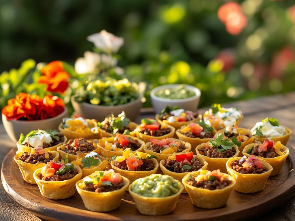 Freshly baked taco cups filled with seasoned beef, cheese, and vegetables.