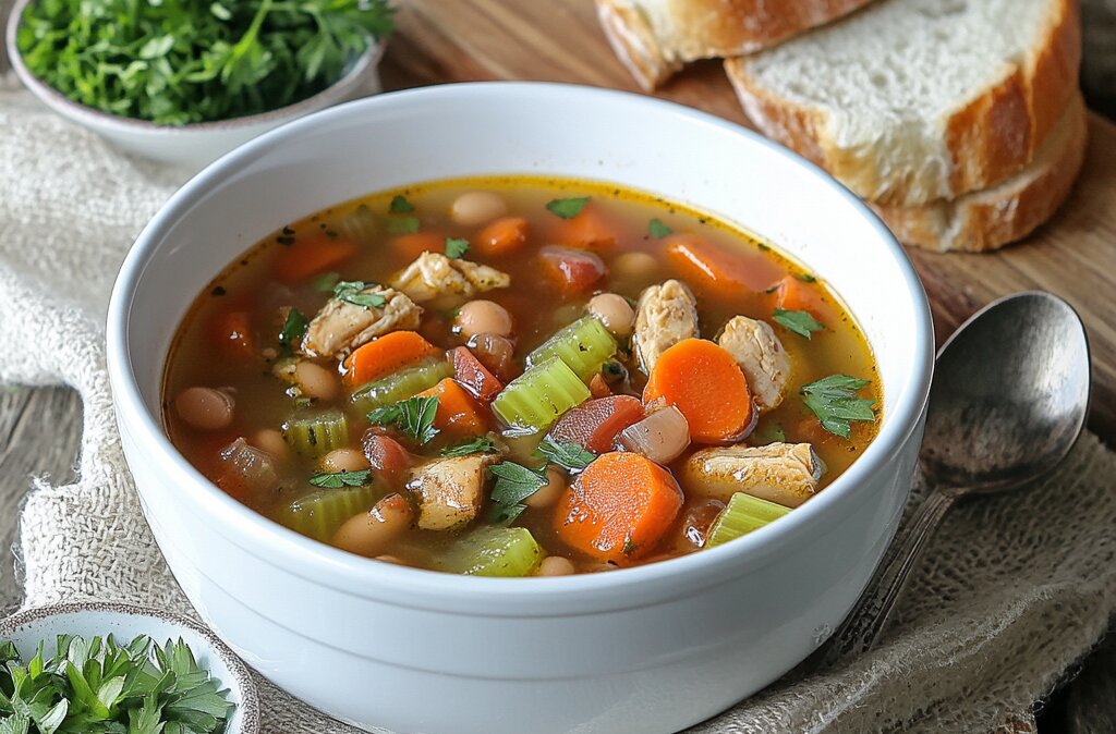 A steaming bowl of Busy Day Soup Recipe served with bread on a rustic table.