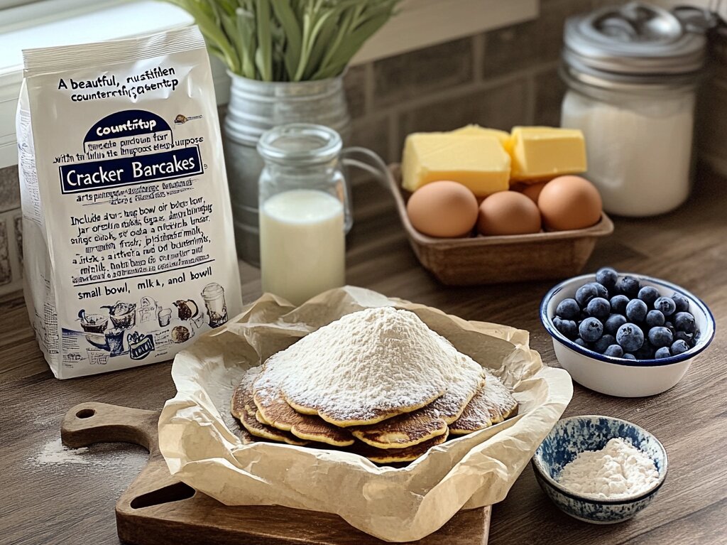 Ingredients for Cracker Barrel pancake recipe including flour, buttermilk, eggs, and butter on a rustic kitchen countertop