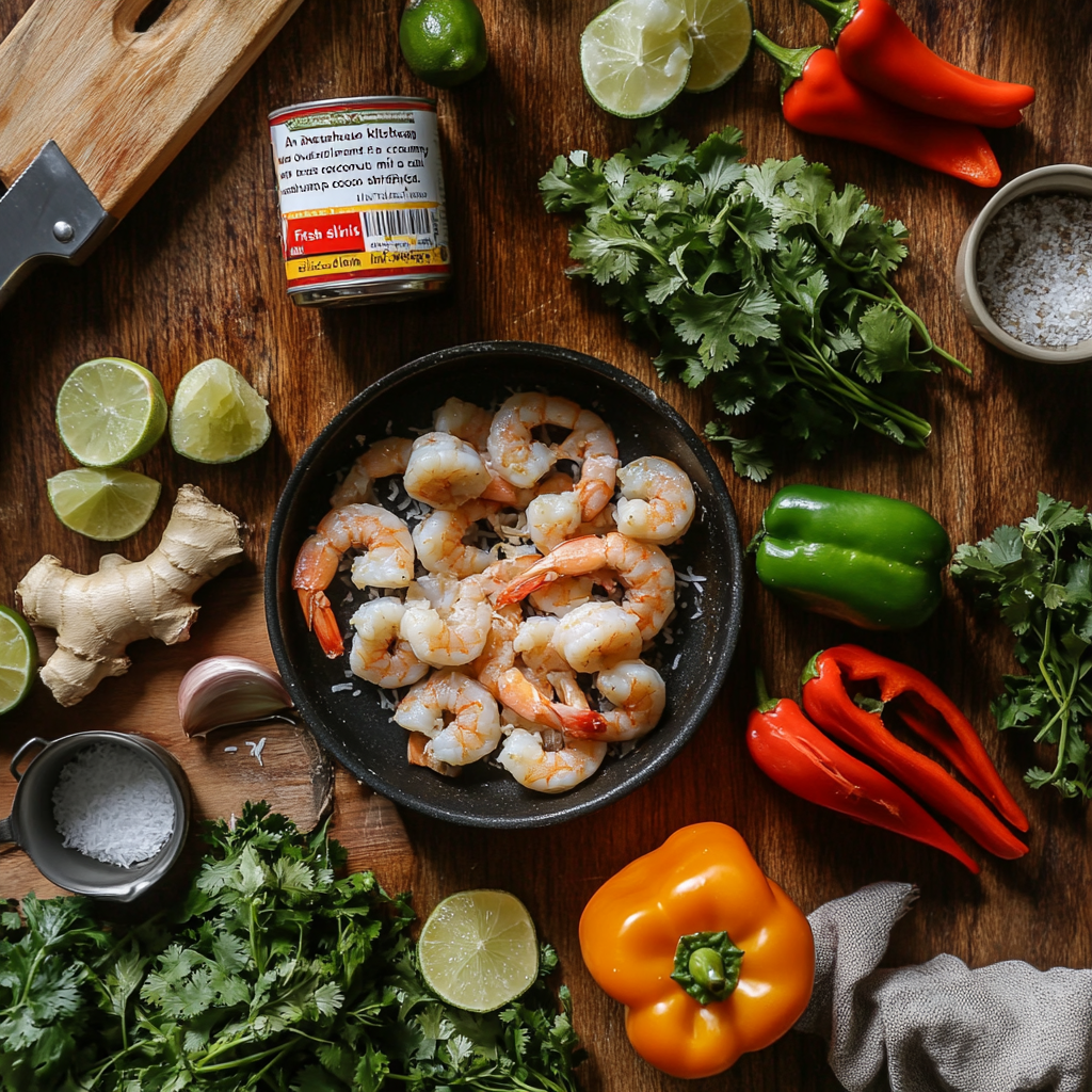 Ingredients for creamy coconut shrimp recipe on a rustic kitchen counter."