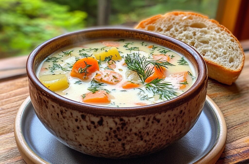 "A steaming bowl of creamy salmon soup garnished with fresh dill and served with crusty bread."