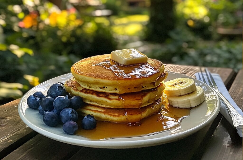 A stack of fluffy Cracker Barrel pancakes topped with butter and syrup, served outdoors in a natural garden setting."