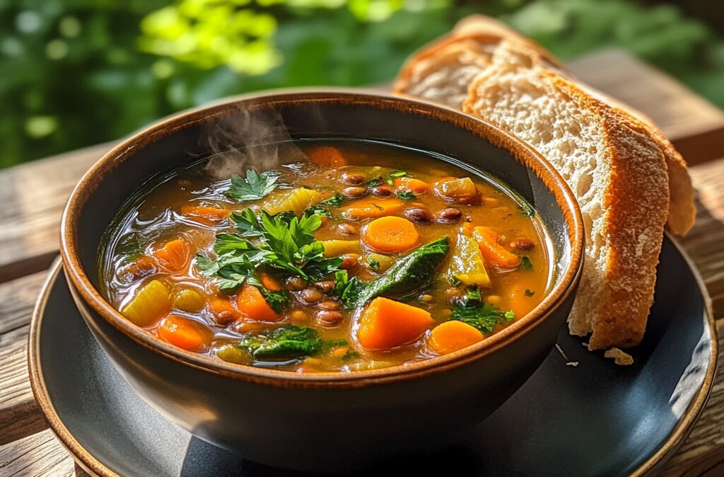 "Steaming bowl of vegetable soup garnished with fresh herbs and served with crusty bread on an outdoor table."