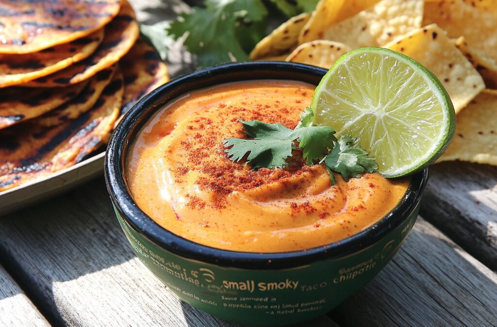 Homemade Taco Bell Chipotle Sauce served in a bowl with tacos and tortilla chips.