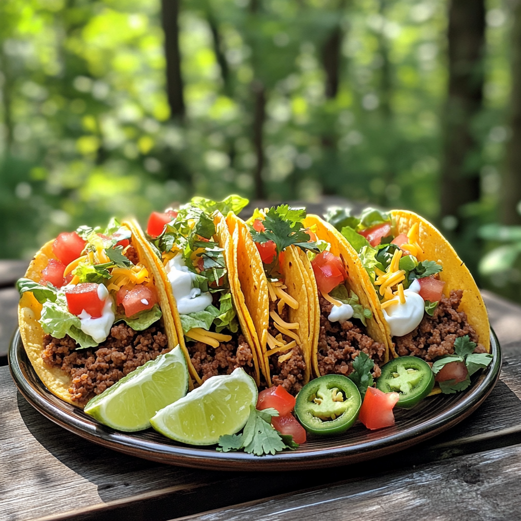 Final taco meat dish served outdoors with fresh ingredients.

