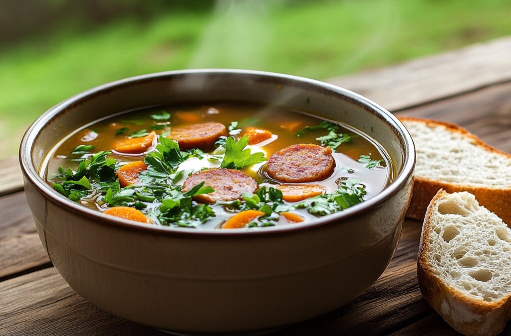 "A steaming bowl of swamp soup with leafy greens, smoked sausage, and golden broth garnished with parsley, served outdoors."