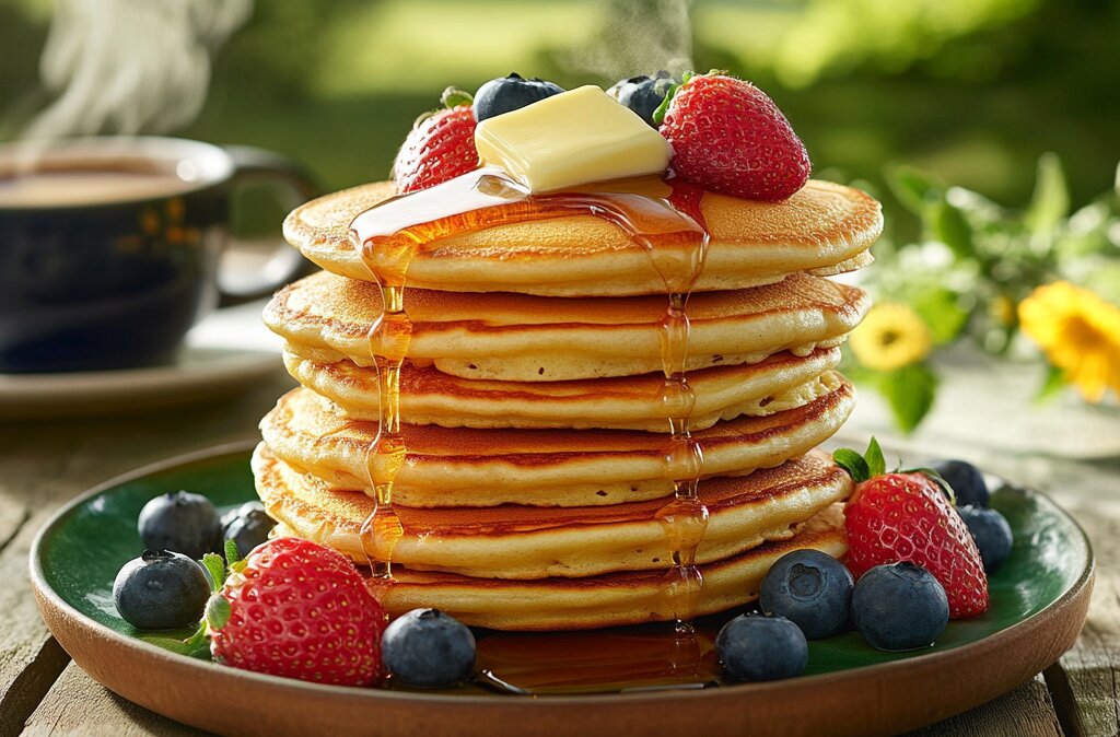 A stack of golden pancakes made from hot cake mix, topped with butter and syrup, served outdoors on a sunny morning.