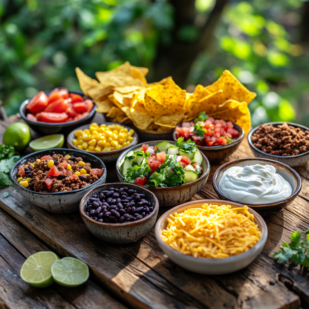 Taco Soup Frios ingredients including black beans, corn, diced tomatoes, ground beef, fresh cilantro, lime wedges, and spices on a rustic table.