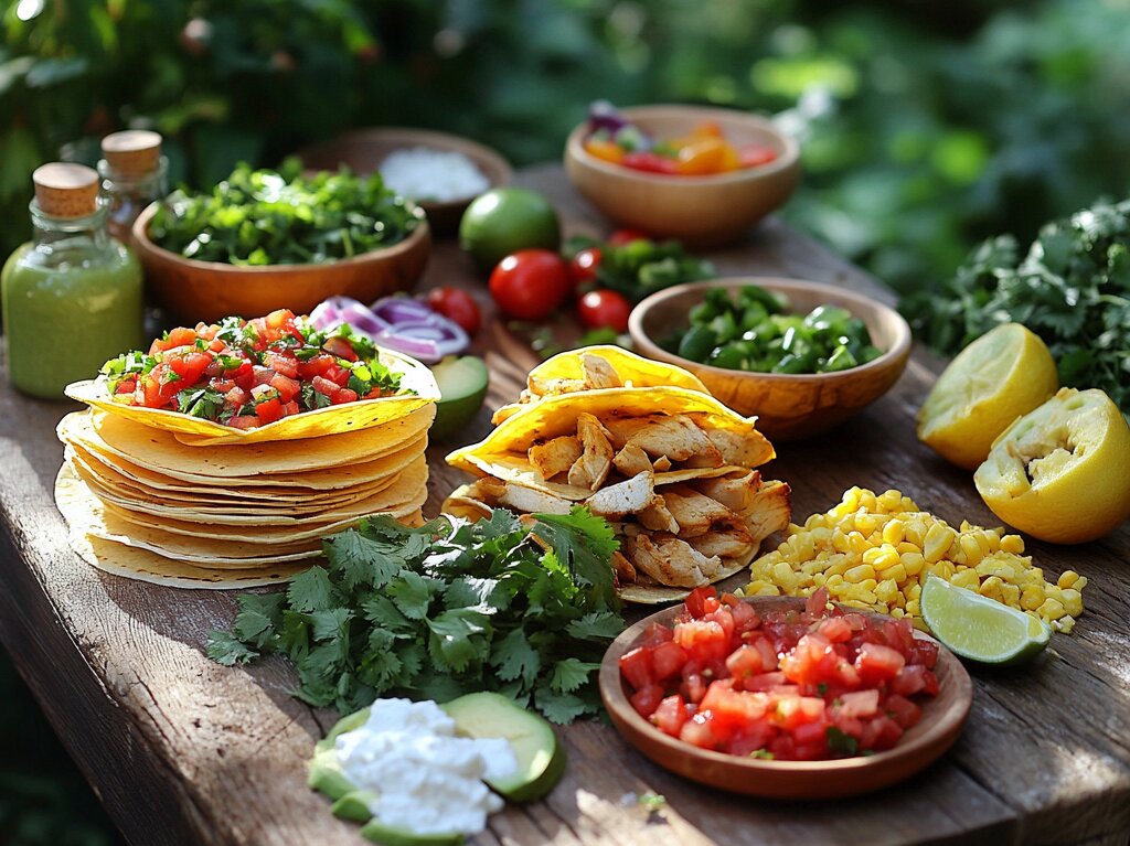 "Tacos guide ingredients: corn tortillas, cilantro, onions, limes, salsa, grilled chicken, and fresh avocados on a rustic table."

