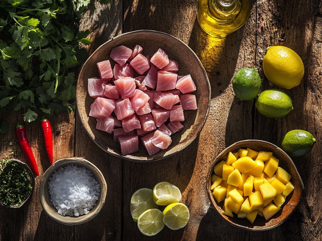 Fresh tuna ceviche ingredients, including sushi-grade tuna, limes, red onion, cilantro, chili peppers, and optional mango and avocado, displayed on a rustic table.