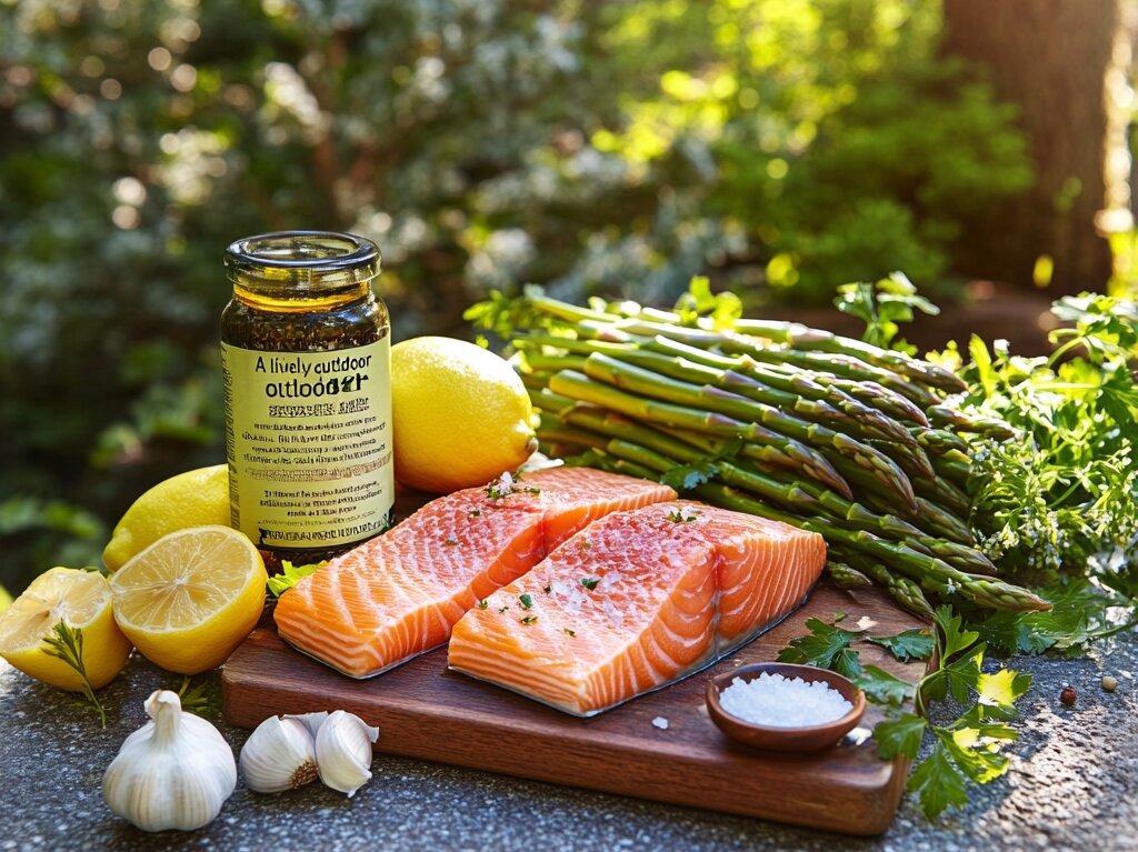 Ingredients for the best sides with salmon, including fresh salmon, asparagus, lemons, garlic, and parsley on a rustic outdoor table