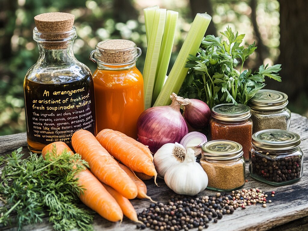 "Fresh vegetables for soup including carrots, zucchini, tomatoes, onions, celery, spinach, and lentils on a rustic kitchen counter."

