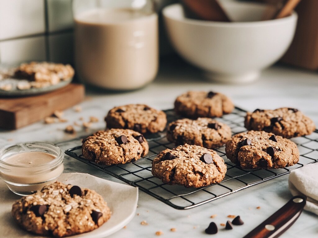 Freshly baked protein cookies with chocolate chips, oats, and healthy ingredients in a bright kitchen setting.