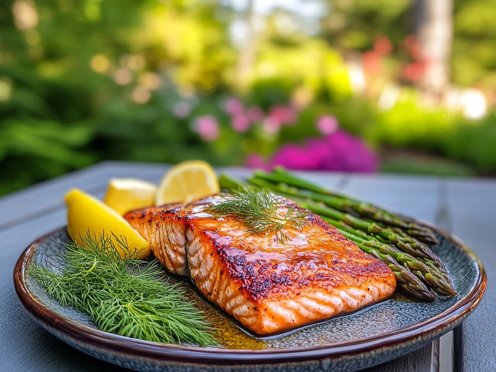 The tastiest cooked salmon recipe with golden-brown crust, fresh dill, and roasted asparagus served on a rustic plate.