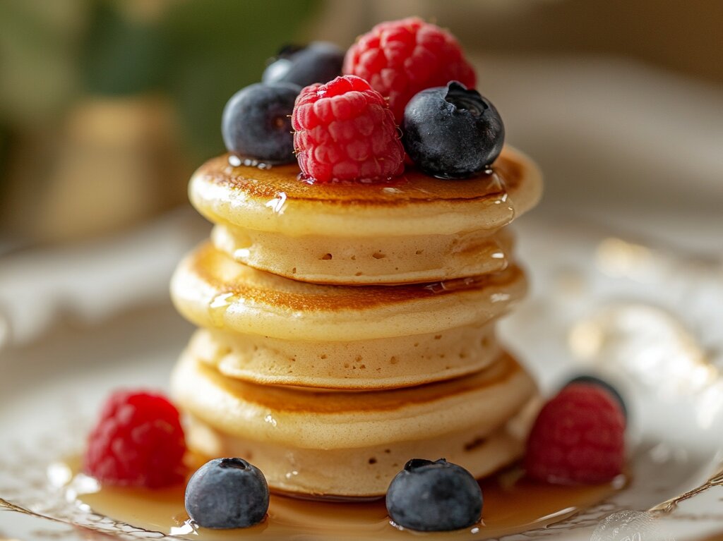 A stack of fluffy mini pancakes topped with fresh berries, showcasing their golden-brown texture.