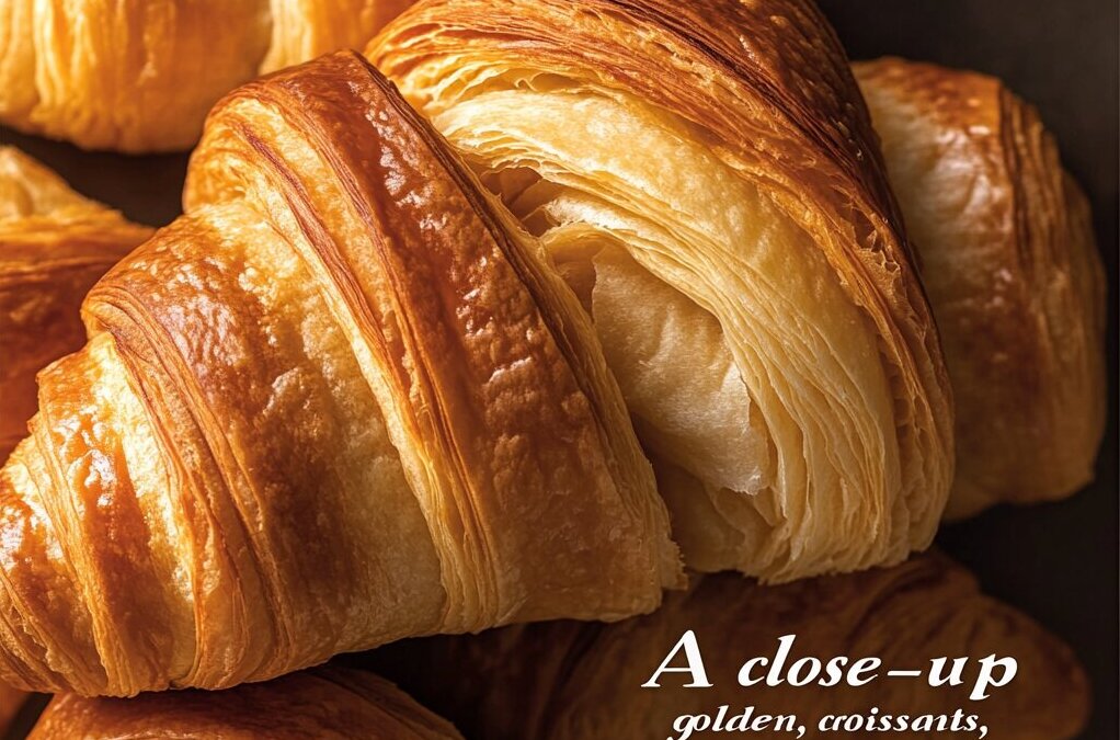 "Freshly baked croissants showcasing flaky layers made from traditional croissant ingredients like butter, flour, and yeast."