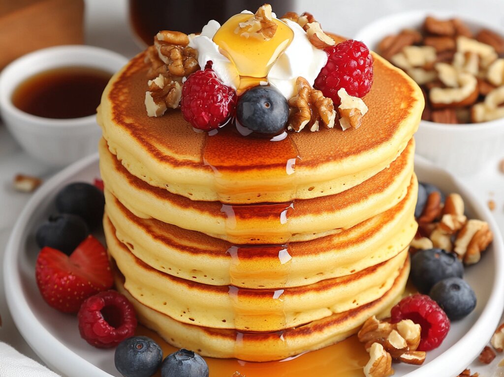 "Stack of golden-brown homemade hotcakes with butter and syrup, served with fresh berries."