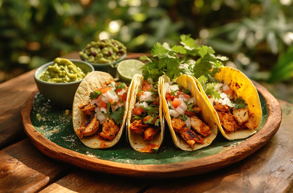 Final tacos recipe: grilled chicken tacos with cilantro, onions, lime, and salsa on a rustic plate outdoors