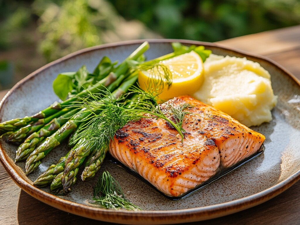 Grilled King Salmon fillet served with roasted asparagus and mashed potatoes on a rustic plate outdoors