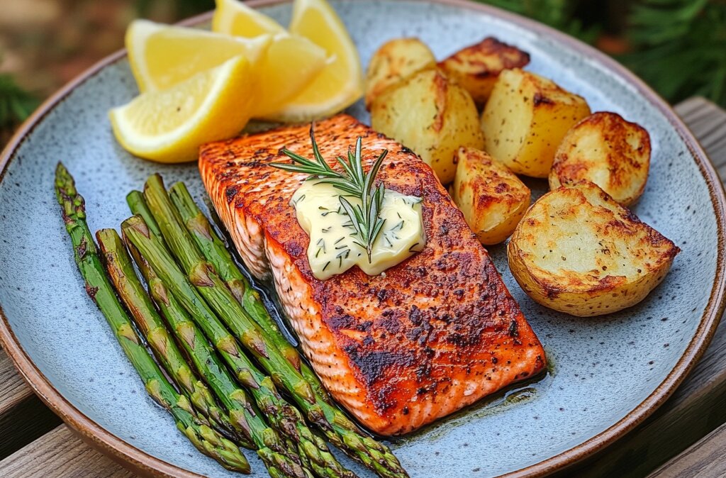 "Grilled salmon with rosemary thyme compound butter served with asparagus and potatoes."