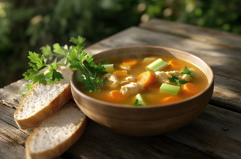 A steaming bowl of soup with carrots, celery, and herbs served on a rustic table in a natural outdoor setting.