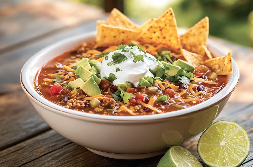 Finished bowl of Taco Soup Frios topped with sour cream, shredded cheese, avocado, lime, and cilantro served outdoors