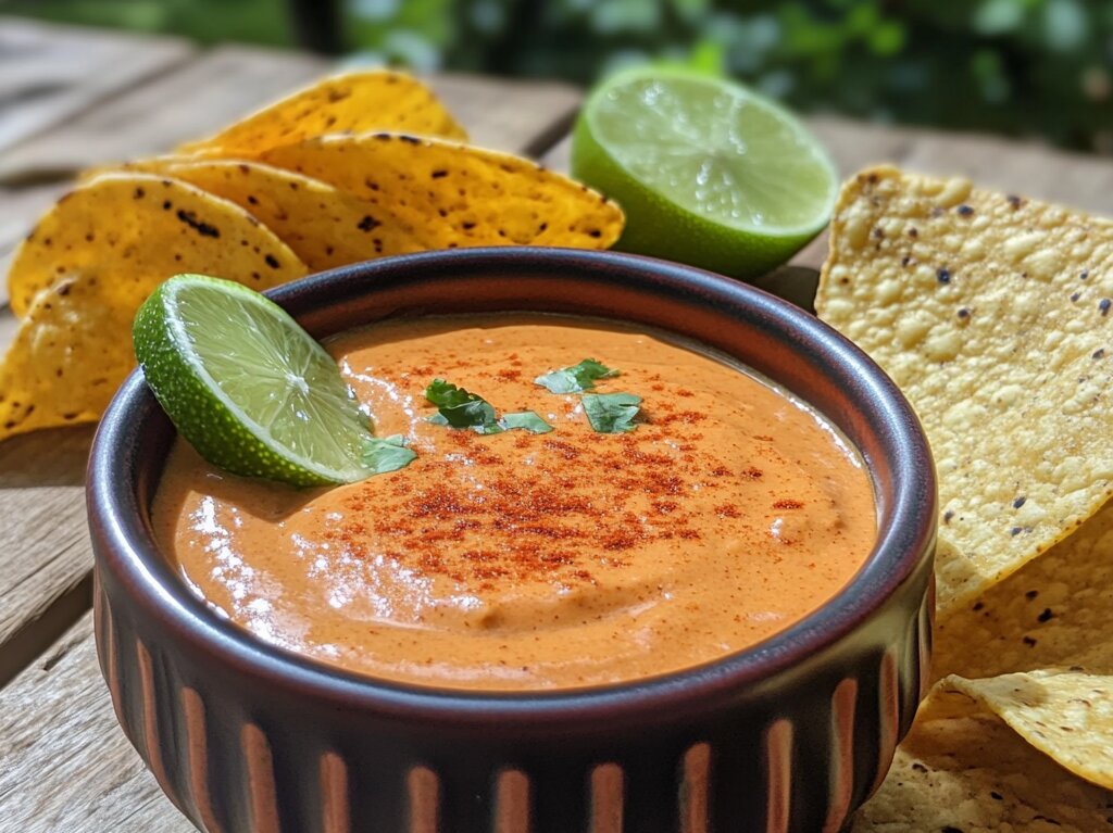 Homemade Taco Bell Chipotle Sauce served in a bowl with tacos and tortilla chips.