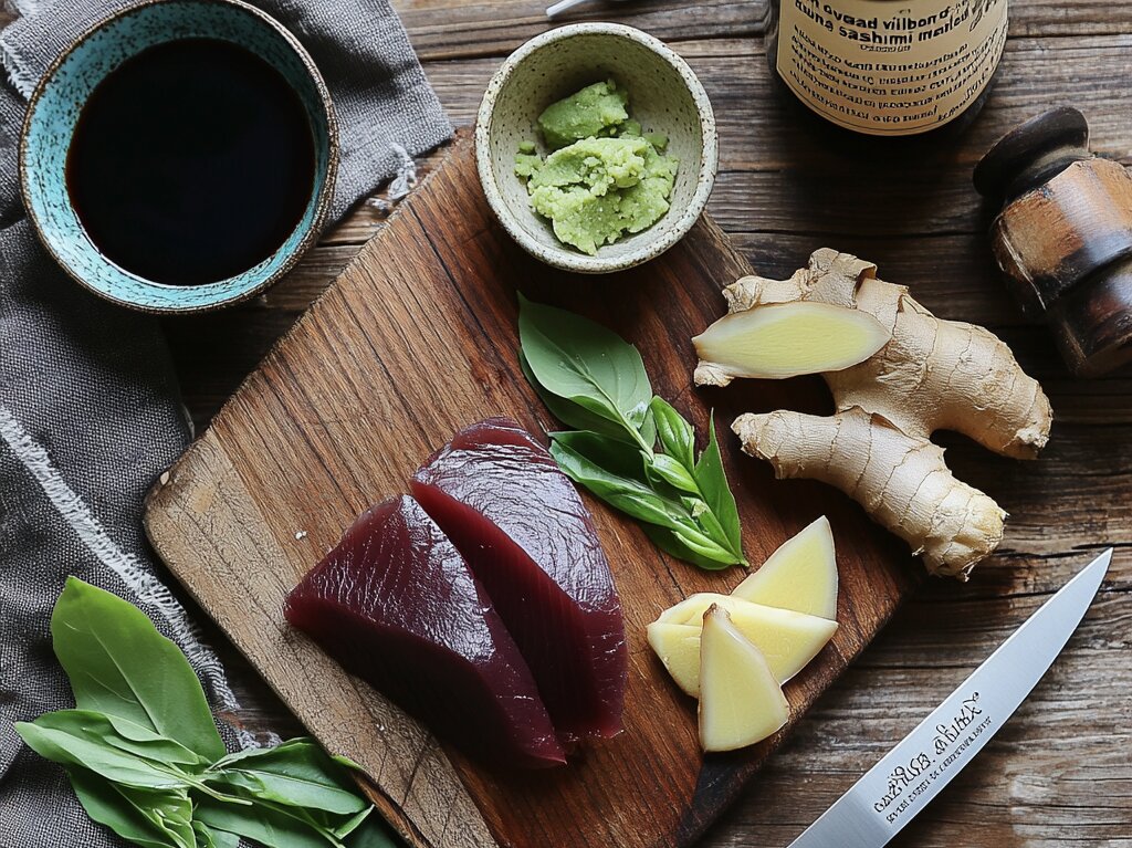 Fresh ingredients for a Bluefin tuna sashimi recipe, including tuna fillet, soy sauce, wasabi, pickled ginger, and shiso leaves