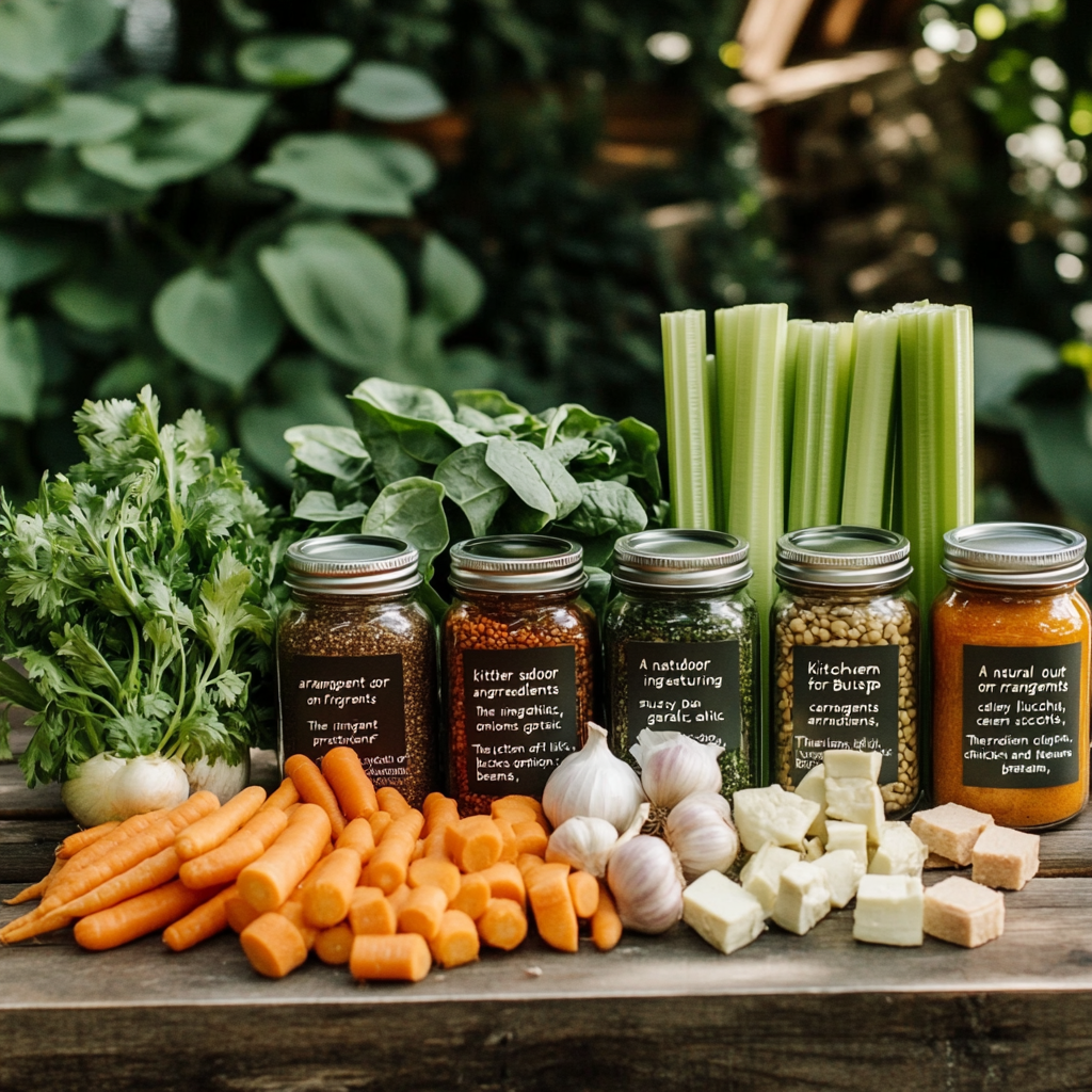 Fresh ingredients for Busy Day Soup Recipe, including vegetables, protein, and seasonings.