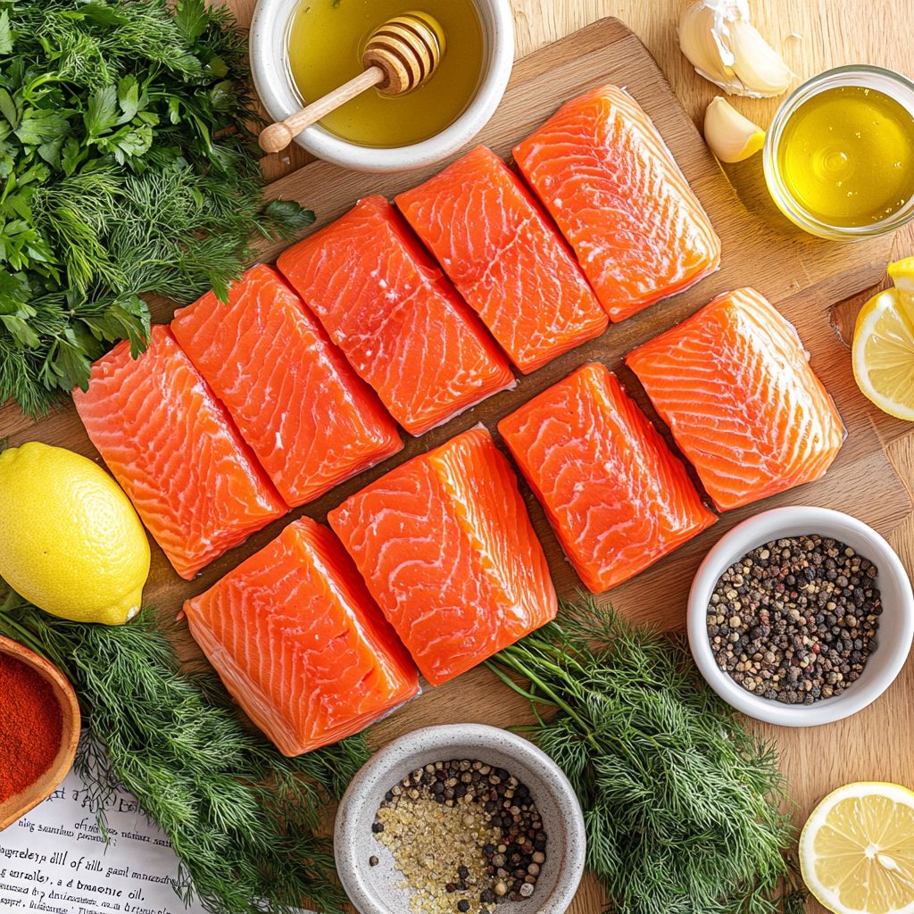 A visually appealing arrangement of king salmon fillets and complementary ingredients like fresh lemon, dill, garlic, olive oil, and seasonings on a rustic wooden countertop. This setup highlights the essential components for creating a flavorful king salmon recipe