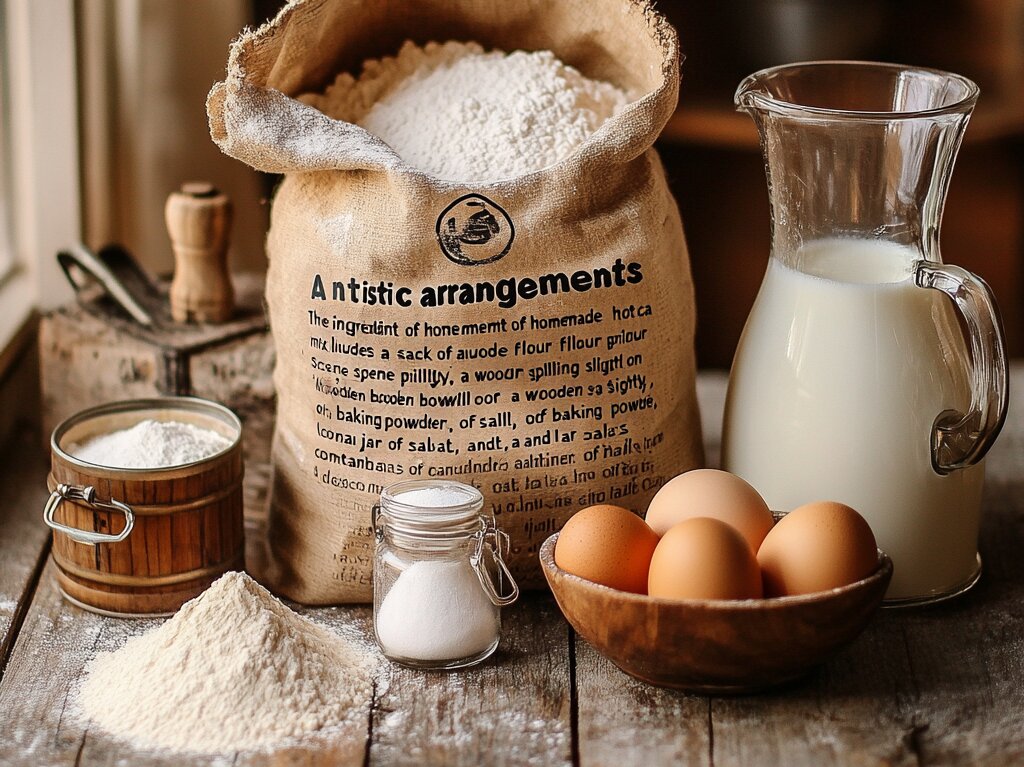 Ingredients of homemade hot cake mix, including flour, sugar, baking powder, and milk, arranged on a rustic wooden table.