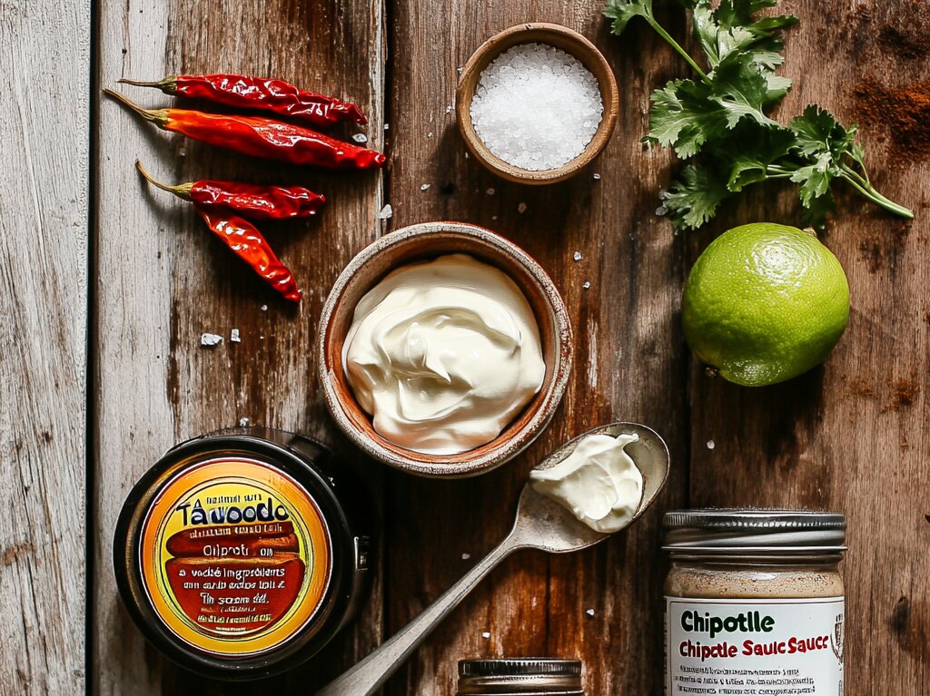 Ingredients for Taco Bell Chipotle Sauce recipe, including chipotle peppers, mayonnaise, sour cream, lime, and garlic powder.