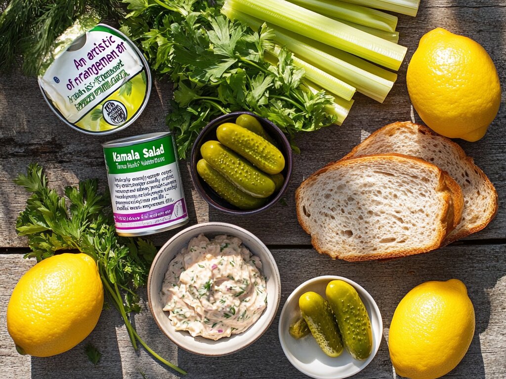 Ingredients for Kamala Harris Tuna Salad Sandwich Recipe, including tuna, celery, red onion, pickles, herbs, mayonnaise, and sourdough bread.