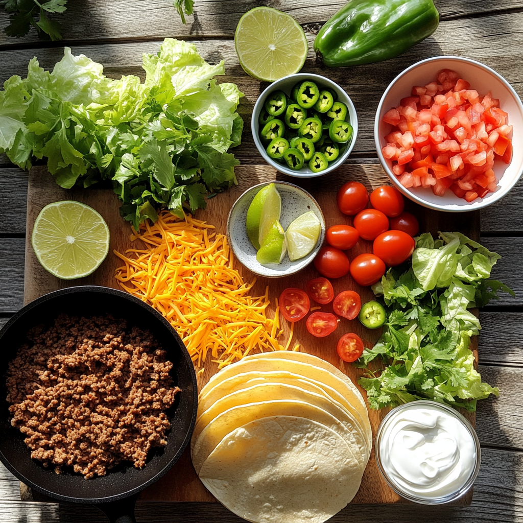 Ingredients for leftover taco meat recipes arranged on a rustic table.

