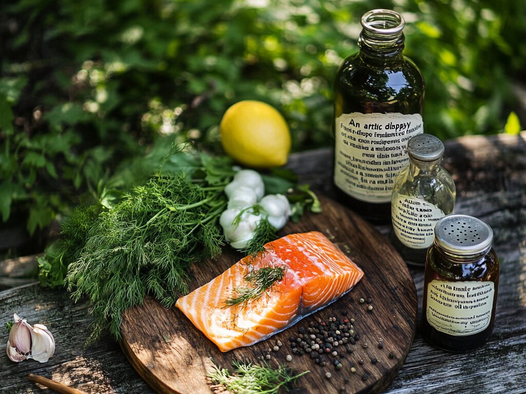 Fresh ingredients for crispy salmon without drying, including salmon, herbs, lemon, and olive oil on a rustic table