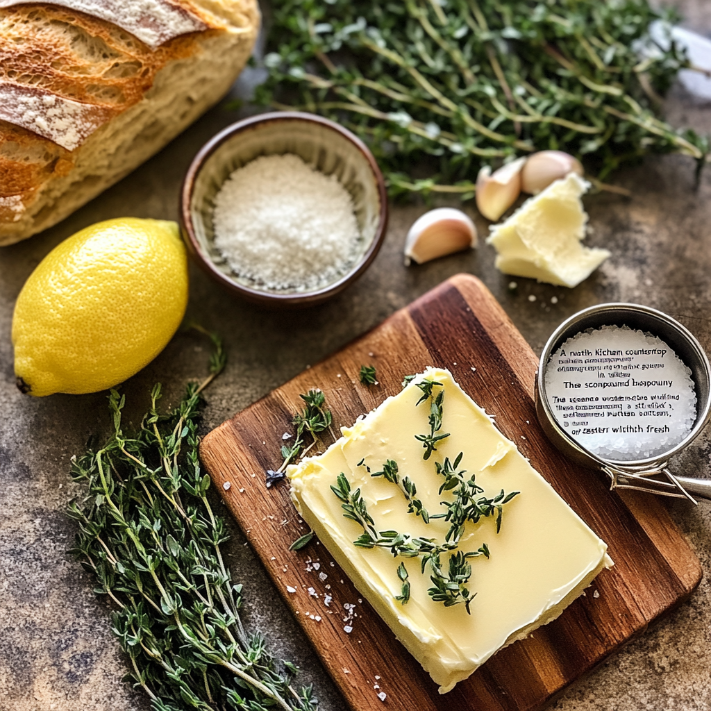 "Fresh rosemary, thyme, butter, garlic, and lemon zest ingredients for rosemary thyme compound butter."

