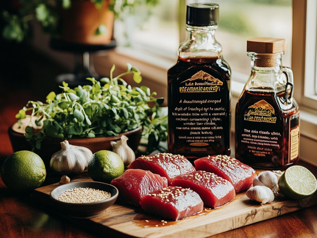 Fresh ingredients for a seared ahi tuna recipe, including tuna steaks, sesame seeds, soy sauce, ginger, and lime.

