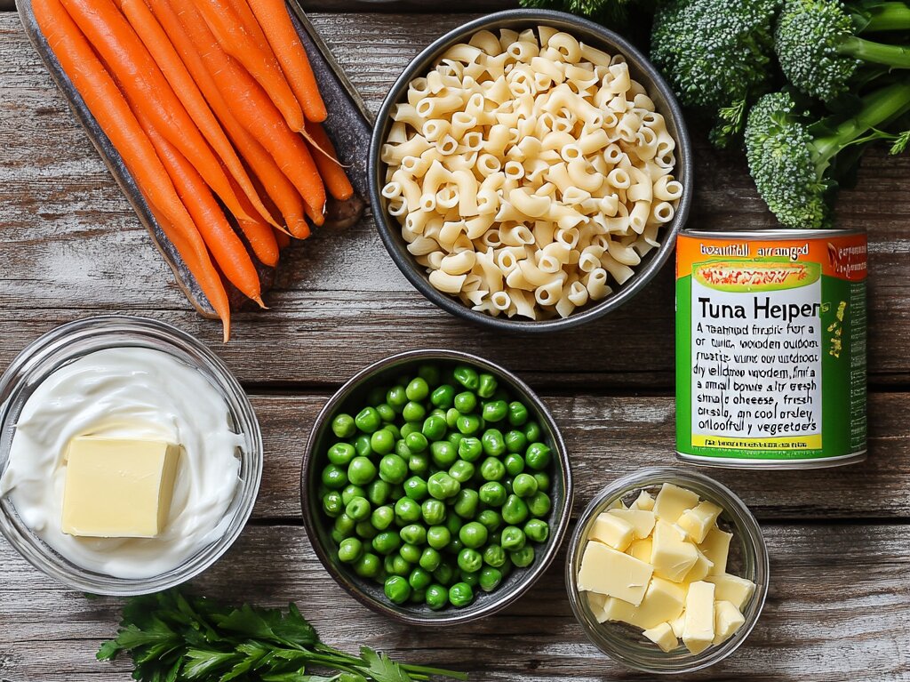 Ingredients for Tuna Helper Recipe including tuna, noodles, cream, cheese, and fresh vegetables on a rustic wooden table.

