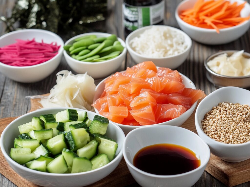 Fresh ingredients for a Yellowtail Tuna Poke Bowl including diced yellowtail tuna, soy sauce, sesame oil, sriracha, sushi rice, avocado, carrots, cucumber, seaweed, edamame, sesame seeds, and green onions.