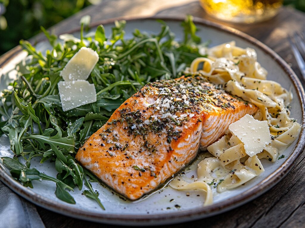 Italian salmon recipe served with creamy Alfredo pasta and fresh arugula salad on a rustic table