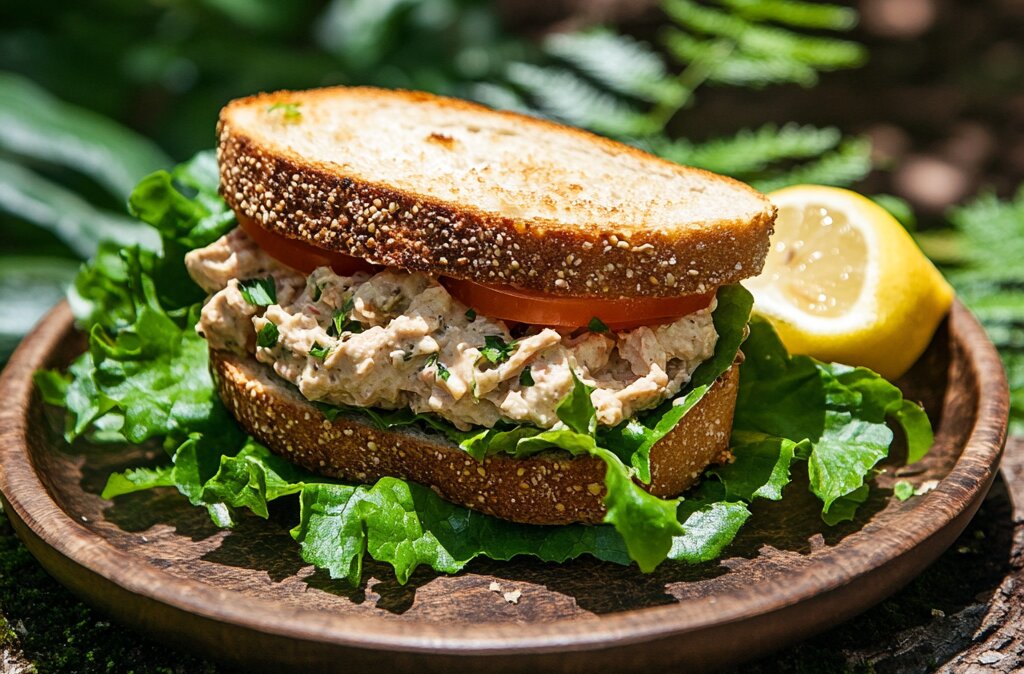 Kamala Harris Tuna Salad Sandwich Recipe served on toasted sourdough bread with creamy tuna salad, lettuce, and tomato in an outdoor setting."