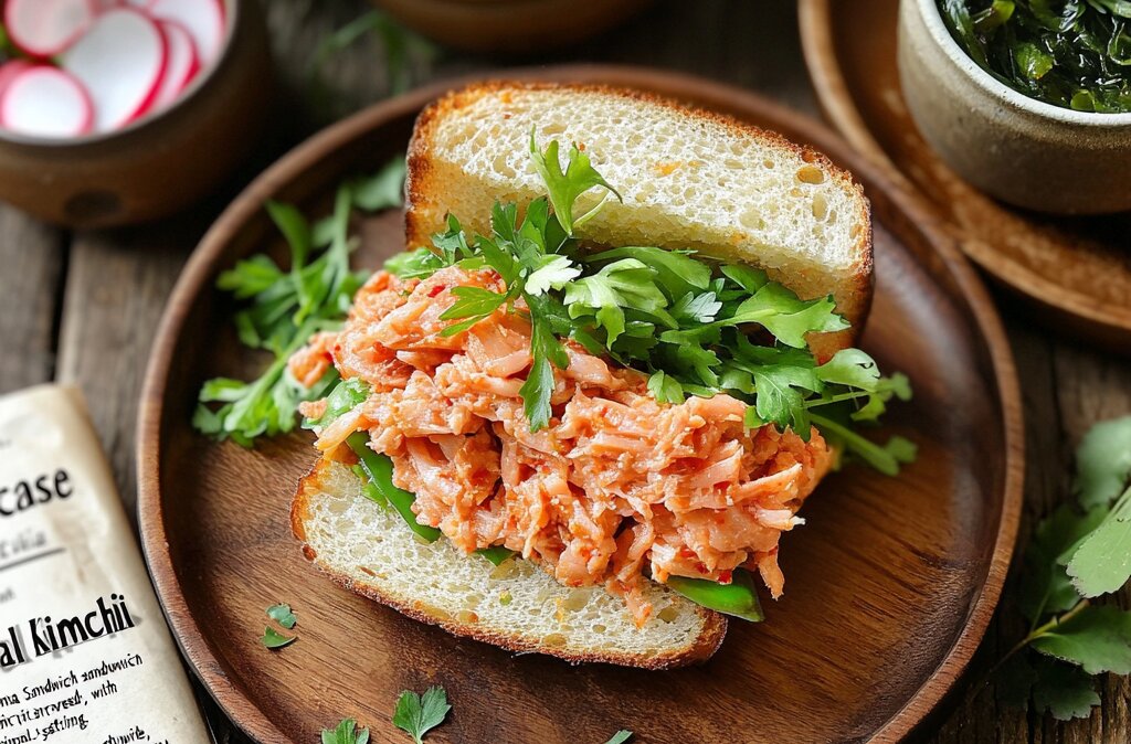 A perfectly layered Kimchi Tuna Sandwich on a wooden plate with a natural background.