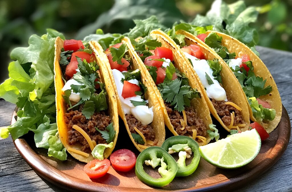 Final taco meat dish served outdoors with fresh ingredients.