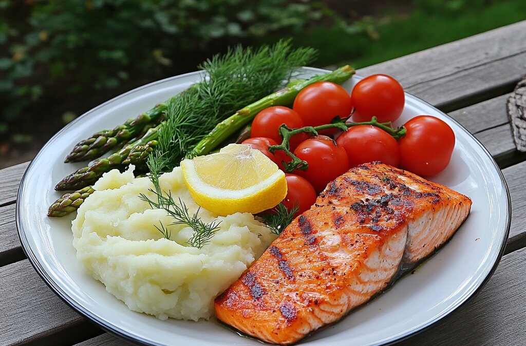 "Grilled salmon served with creamy mashed potatoes, garnished with dill, lemon wedge, and roasted asparagus on the side."