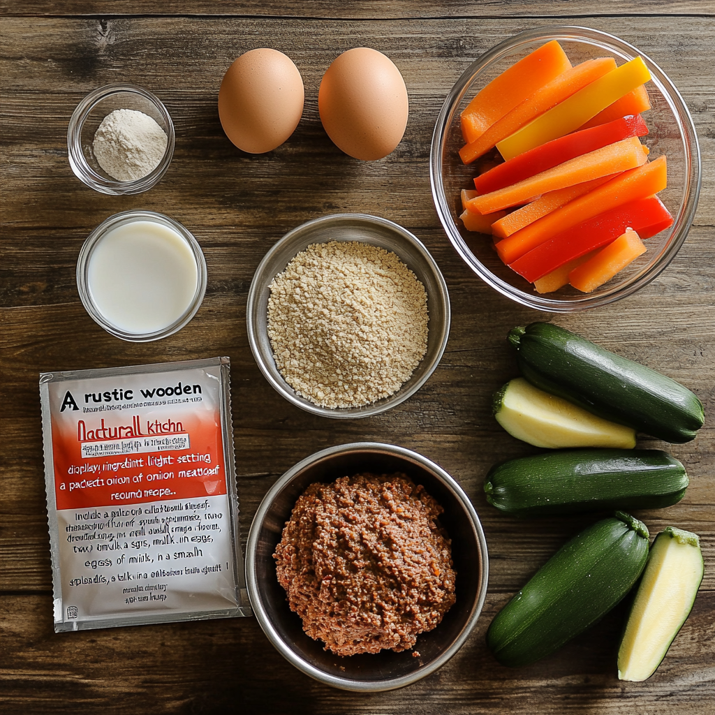 Ingredients for meatloaf recipe with onion soup mix, including ground beef, onion soup mix, eggs, breadcrumbs, milk, grated carrots, zucchini, and bell peppers on a wooden table.