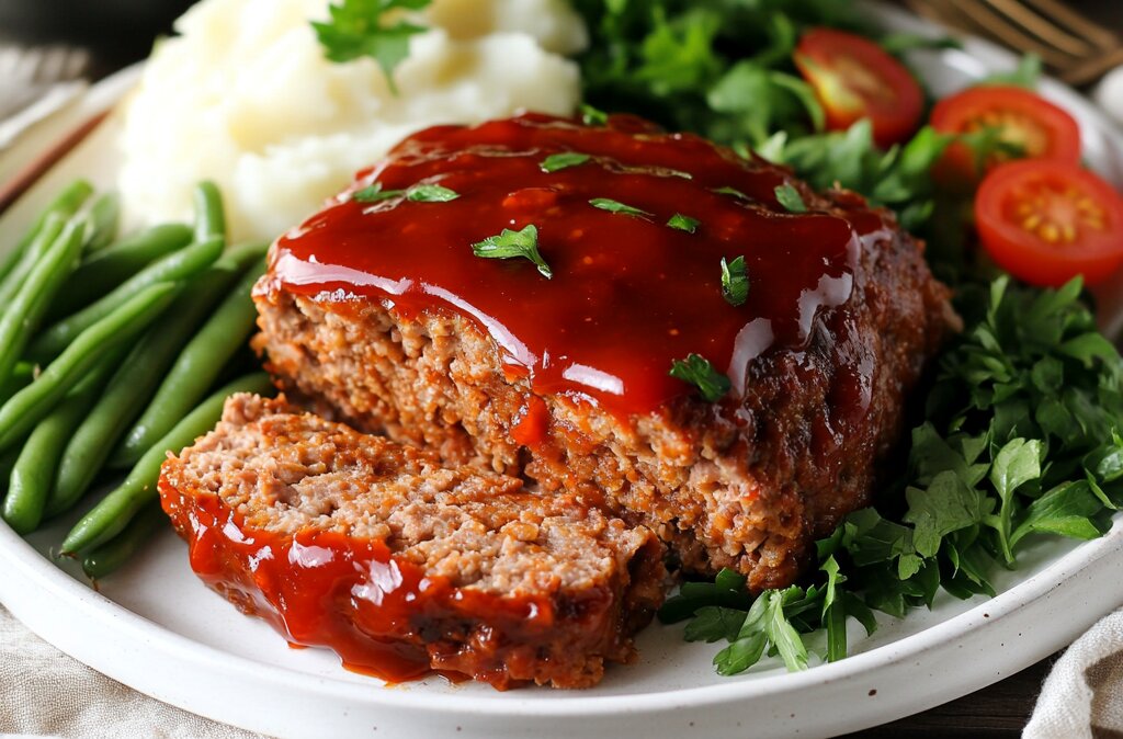 "Final baked meatloaf recipe with onion soup mix, sliced and served with mashed potatoes, green beans, and a garden salad on a rustic platter."