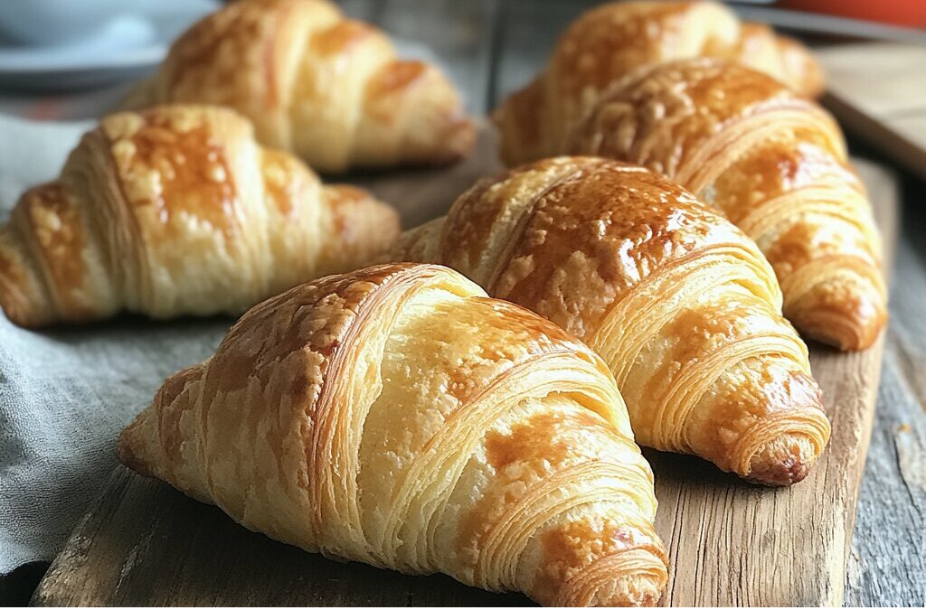 "Perfect croissants with golden flaky layers fresh from the oven."