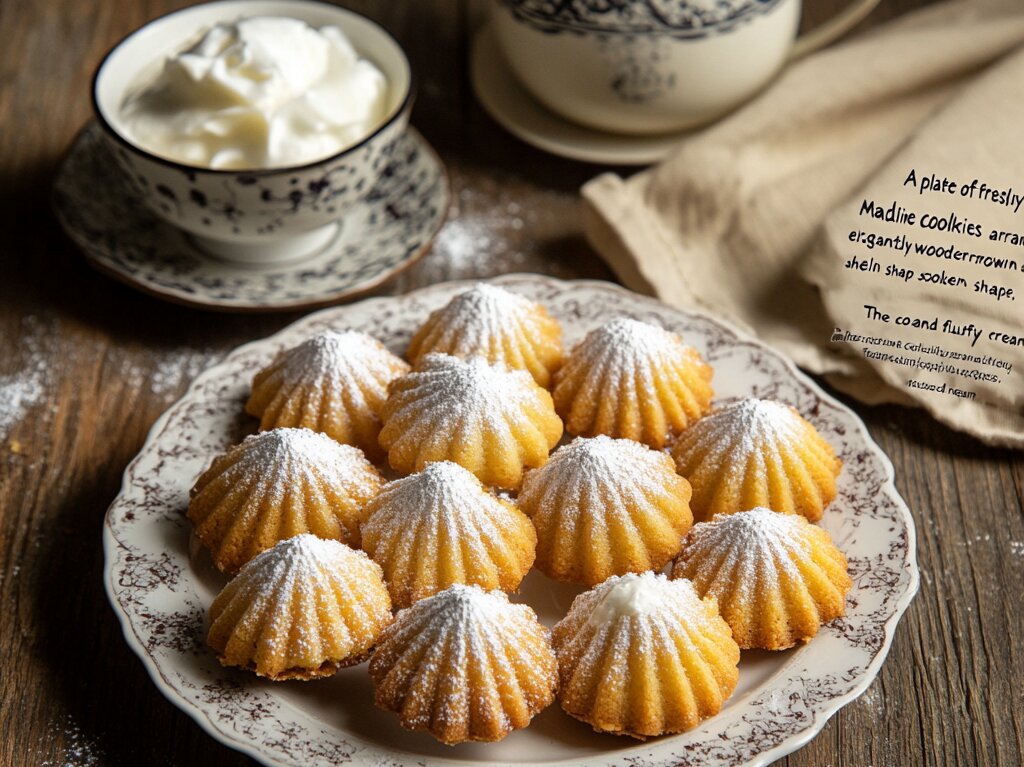 Soft golden Madeline cookies with cream on a decorative plate, highlighting their shell shape and fluffy texture.